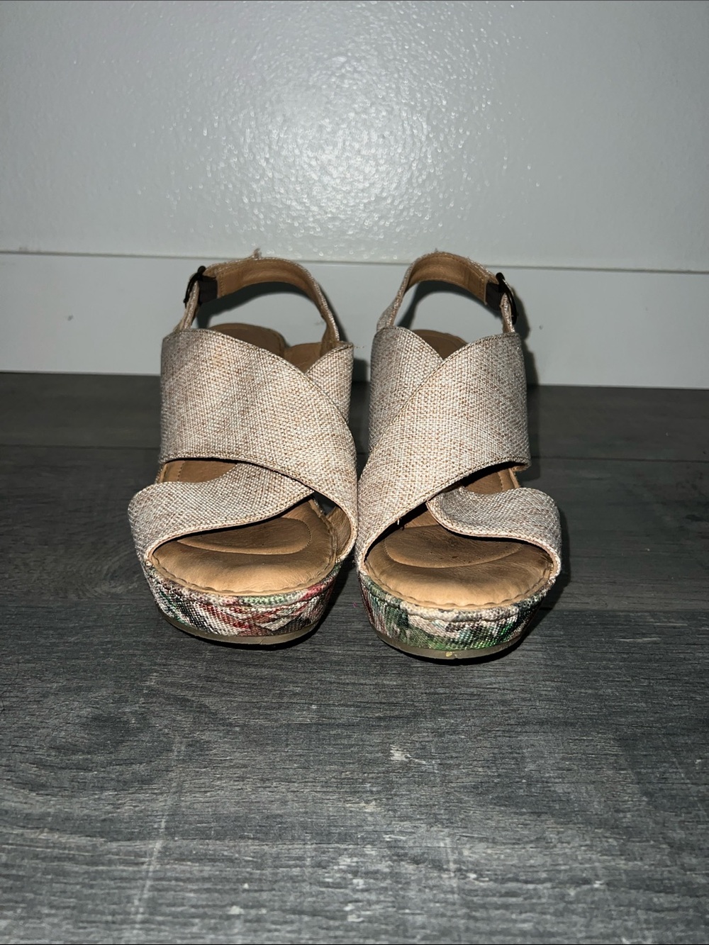 Born Beige Cross-Strap Wedge Sandals with Floral Platform